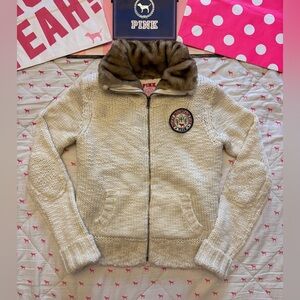 VS PINK VINTAGE Y2K CREAM FUR HAND KNIT ZIP UP COZY SWEATER DOG PATCH LOGO RARE